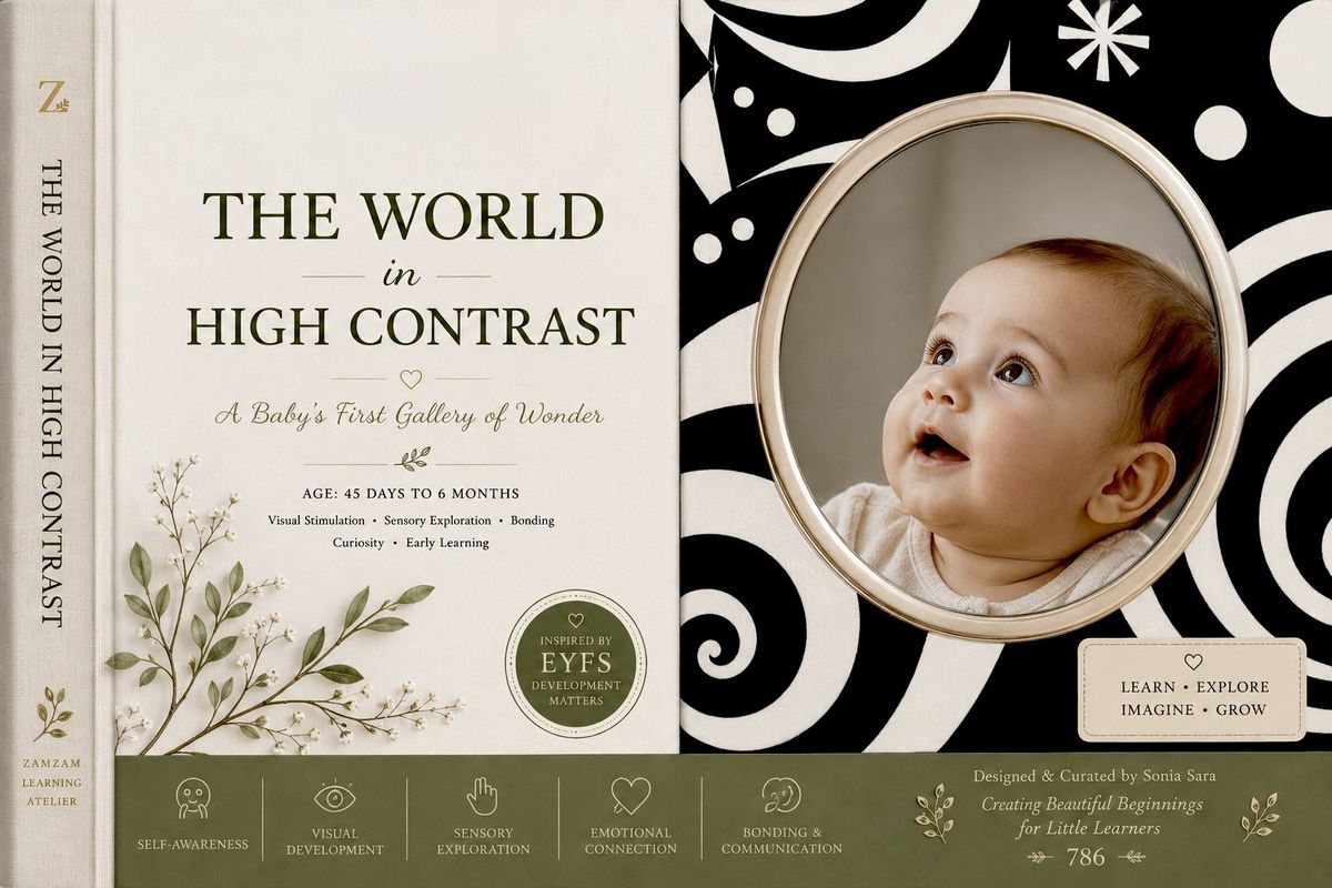 The World in High Contrast accordion-fold sensory play-mat, designed as a baby's first gallery of visual discovery
